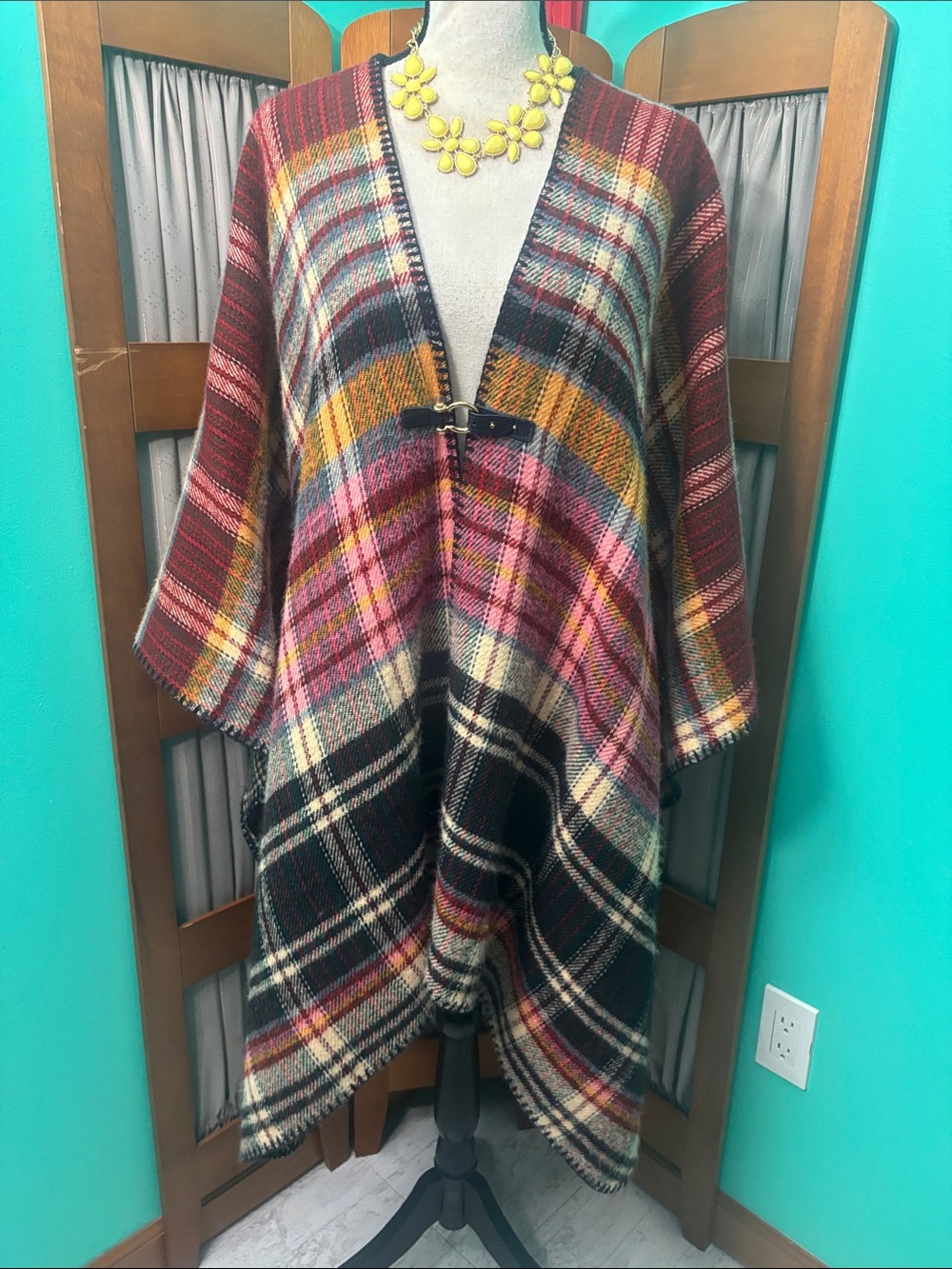 Marc by Marc Jacobs Plaid Knit Poncho in Burgundy, Pink, Mustard and Black
